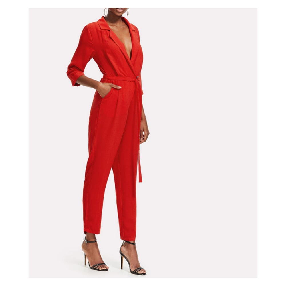 Bright Red V Neck Belted Jumpsuit - Picture 5 of 8